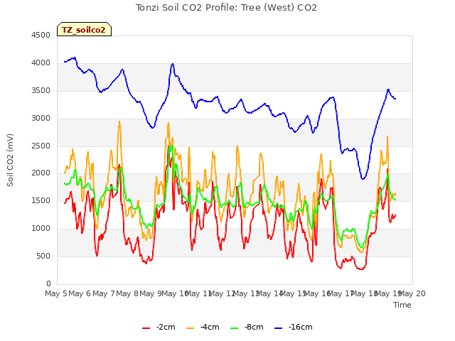 plot of Tonzi Soil CO2 Profile: Tree (West) CO2