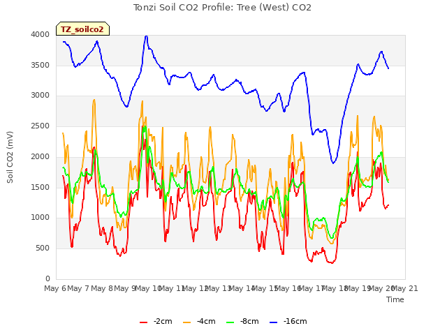 plot of Tonzi Soil CO2 Profile: Tree (West) CO2