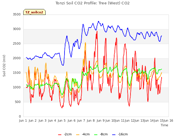 plot of Tonzi Soil CO2 Profile: Tree (West) CO2