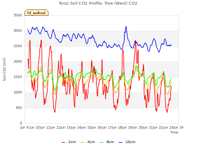 plot of Tonzi Soil CO2 Profile: Tree (West) CO2