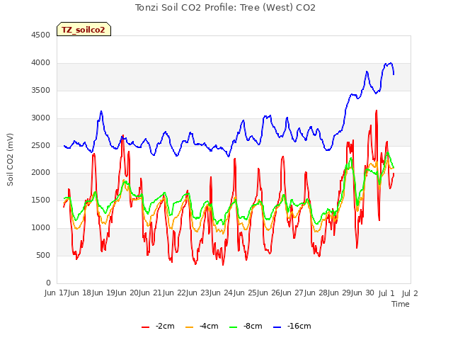 plot of Tonzi Soil CO2 Profile: Tree (West) CO2