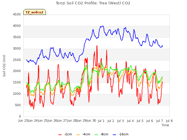 plot of Tonzi Soil CO2 Profile: Tree (West) CO2