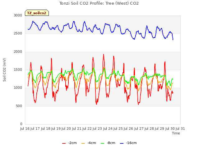 plot of Tonzi Soil CO2 Profile: Tree (West) CO2
