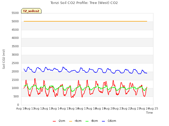 plot of Tonzi Soil CO2 Profile: Tree (West) CO2