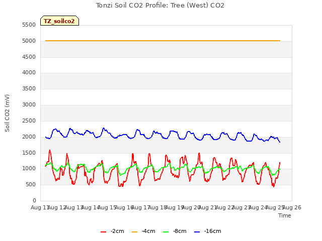 plot of Tonzi Soil CO2 Profile: Tree (West) CO2