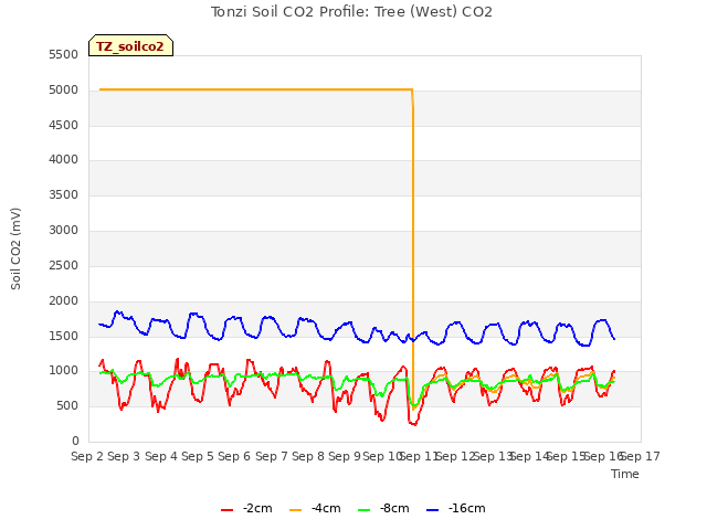 plot of Tonzi Soil CO2 Profile: Tree (West) CO2