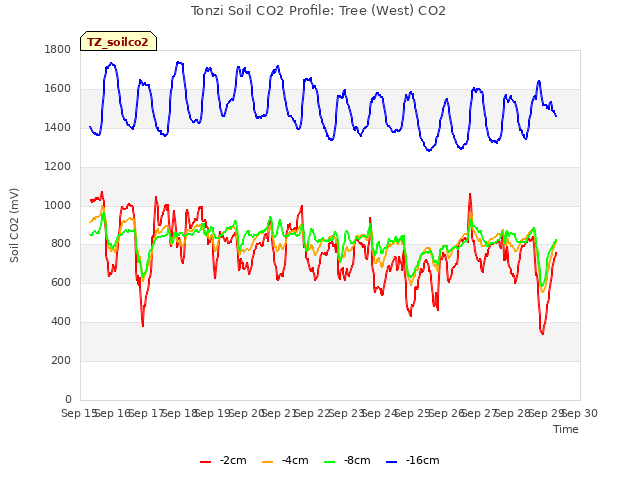 plot of Tonzi Soil CO2 Profile: Tree (West) CO2