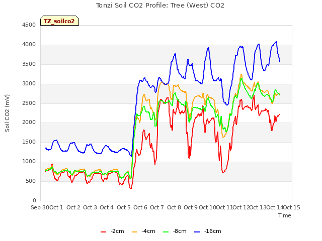 plot of Tonzi Soil CO2 Profile: Tree (West) CO2