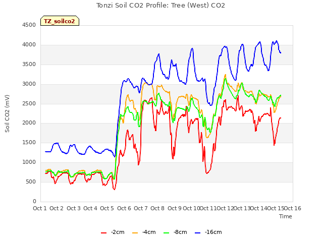 plot of Tonzi Soil CO2 Profile: Tree (West) CO2