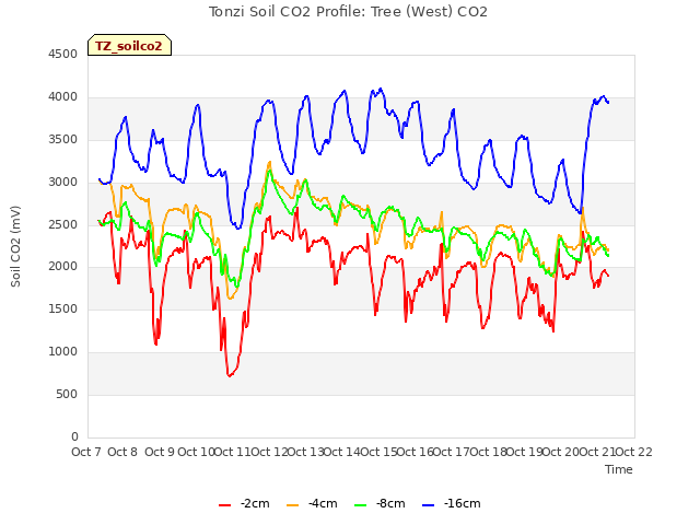 plot of Tonzi Soil CO2 Profile: Tree (West) CO2