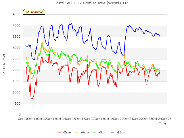 plot of Tonzi Soil CO2 Profile: Tree (West) CO2