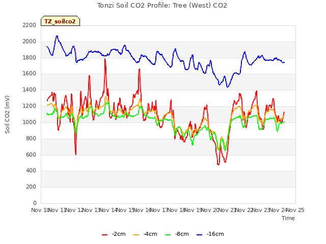 plot of Tonzi Soil CO2 Profile: Tree (West) CO2