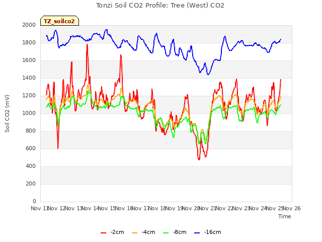 plot of Tonzi Soil CO2 Profile: Tree (West) CO2