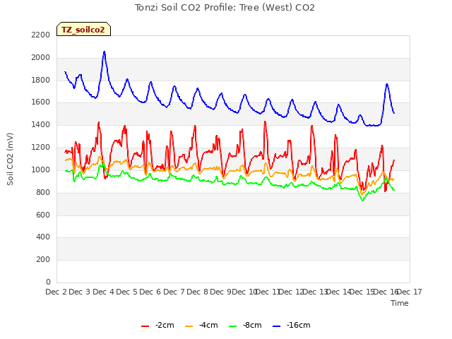 plot of Tonzi Soil CO2 Profile: Tree (West) CO2