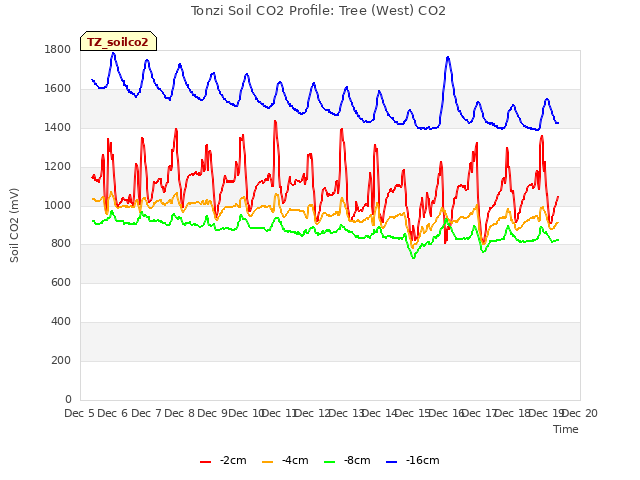 plot of Tonzi Soil CO2 Profile: Tree (West) CO2