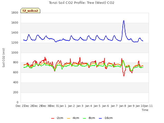 plot of Tonzi Soil CO2 Profile: Tree (West) CO2