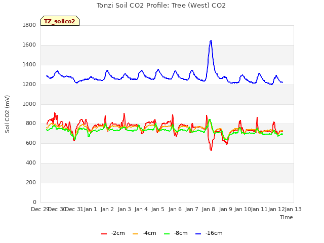 plot of Tonzi Soil CO2 Profile: Tree (West) CO2