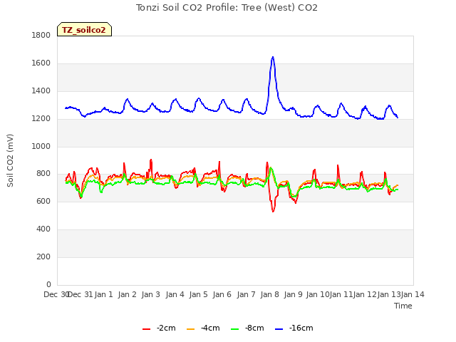 plot of Tonzi Soil CO2 Profile: Tree (West) CO2