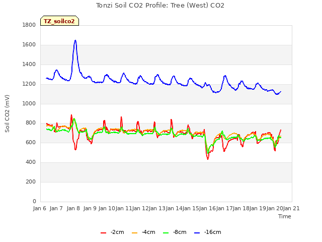 plot of Tonzi Soil CO2 Profile: Tree (West) CO2