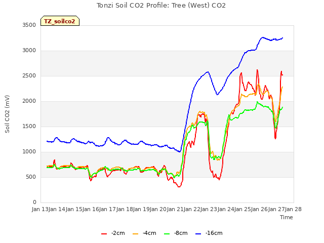 plot of Tonzi Soil CO2 Profile: Tree (West) CO2