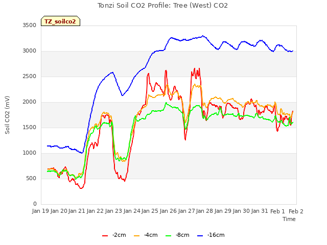 plot of Tonzi Soil CO2 Profile: Tree (West) CO2