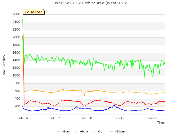 plot of Tonzi Soil CO2 Profile: Tree (West) CO2