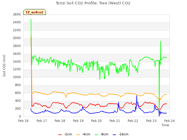 plot of Tonzi Soil CO2 Profile: Tree (West) CO2