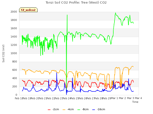 plot of Tonzi Soil CO2 Profile: Tree (West) CO2