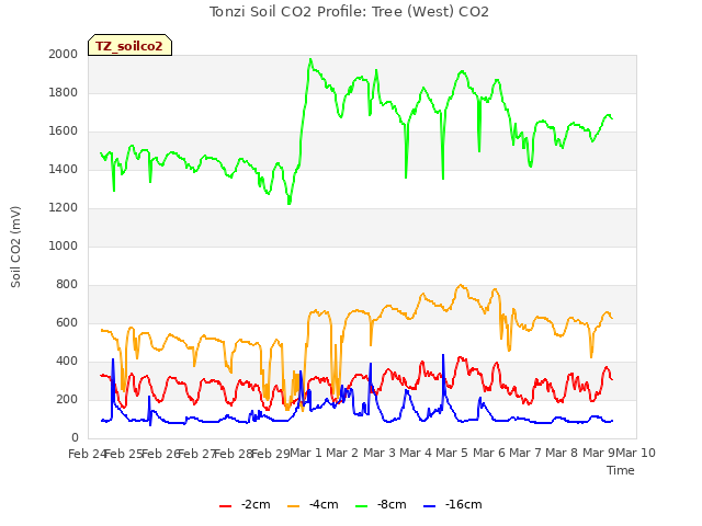 plot of Tonzi Soil CO2 Profile: Tree (West) CO2