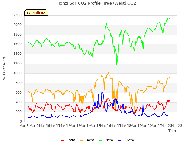 plot of Tonzi Soil CO2 Profile: Tree (West) CO2