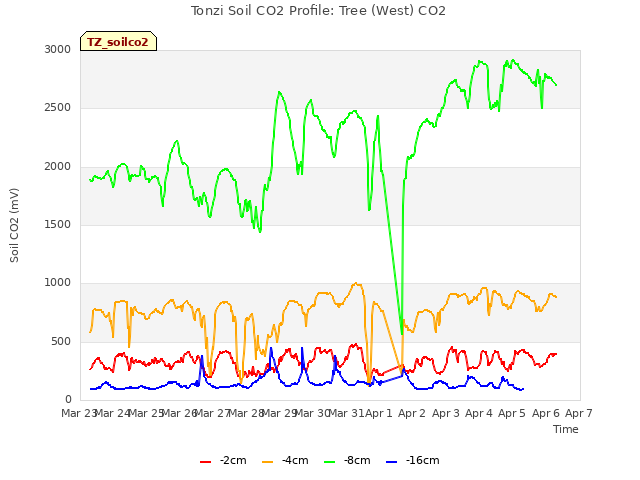 plot of Tonzi Soil CO2 Profile: Tree (West) CO2