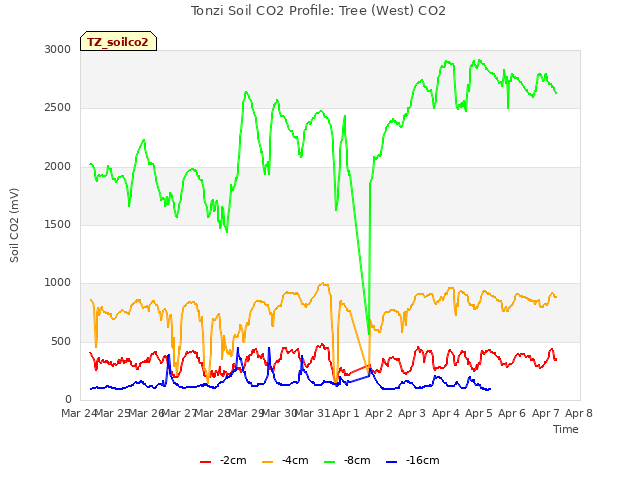 plot of Tonzi Soil CO2 Profile: Tree (West) CO2