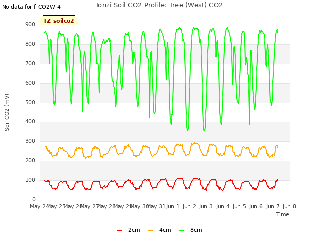 plot of Tonzi Soil CO2 Profile: Tree (West) CO2