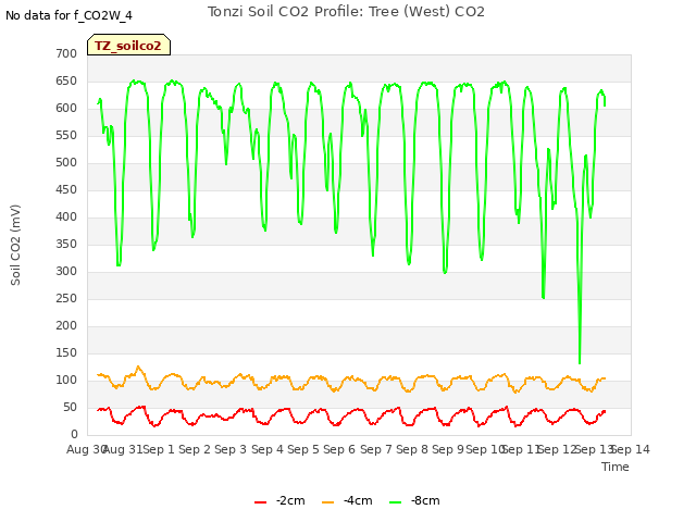 plot of Tonzi Soil CO2 Profile: Tree (West) CO2