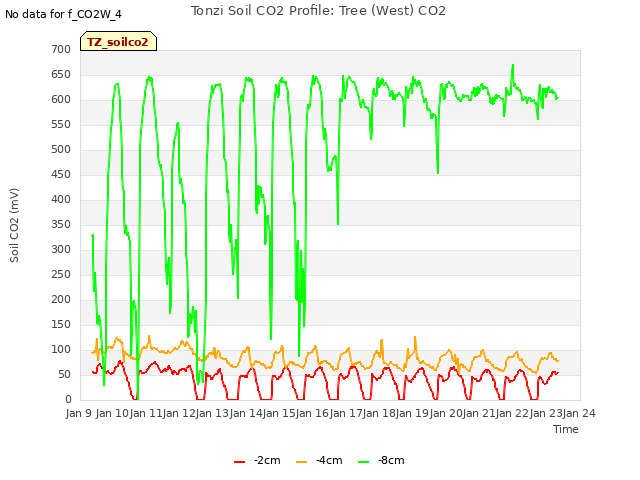 plot of Tonzi Soil CO2 Profile: Tree (West) CO2