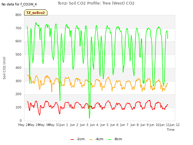 plot of Tonzi Soil CO2 Profile: Tree (West) CO2