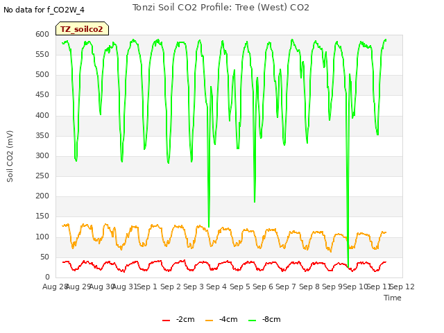 plot of Tonzi Soil CO2 Profile: Tree (West) CO2