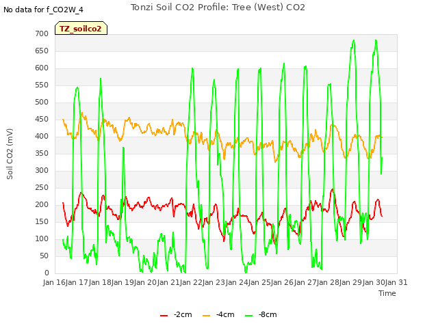 plot of Tonzi Soil CO2 Profile: Tree (West) CO2