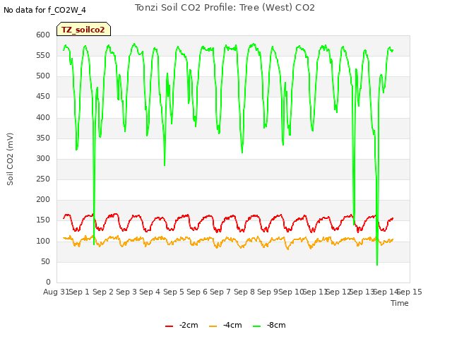 plot of Tonzi Soil CO2 Profile: Tree (West) CO2