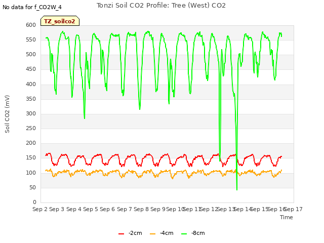 plot of Tonzi Soil CO2 Profile: Tree (West) CO2