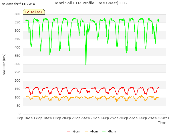 plot of Tonzi Soil CO2 Profile: Tree (West) CO2