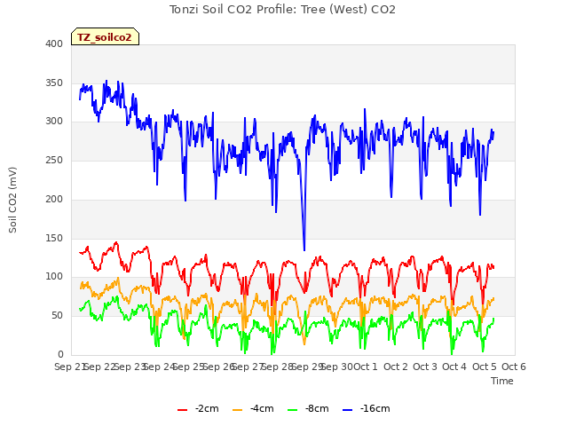 plot of Tonzi Soil CO2 Profile: Tree (West) CO2