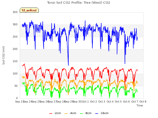 plot of Tonzi Soil CO2 Profile: Tree (West) CO2