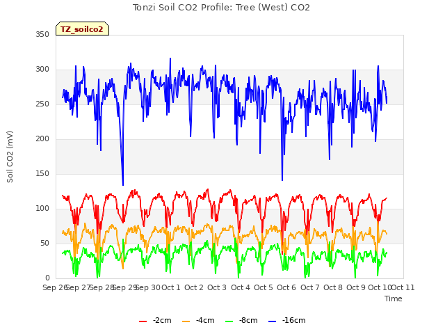 plot of Tonzi Soil CO2 Profile: Tree (West) CO2