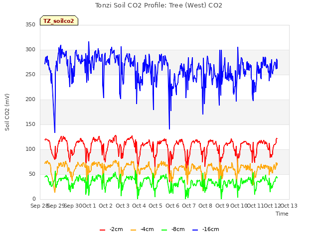 plot of Tonzi Soil CO2 Profile: Tree (West) CO2