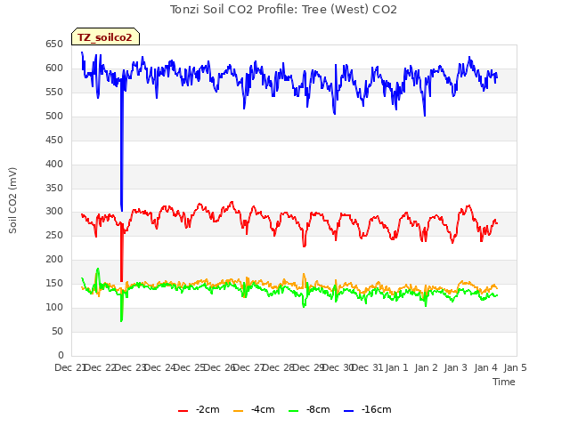 plot of Tonzi Soil CO2 Profile: Tree (West) CO2