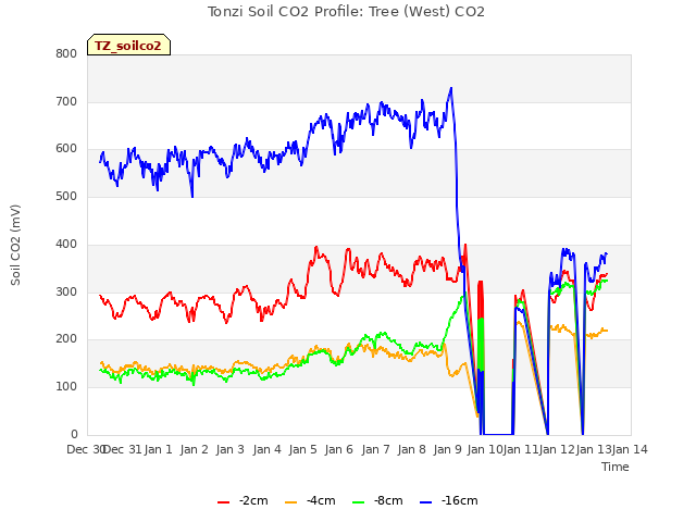 plot of Tonzi Soil CO2 Profile: Tree (West) CO2