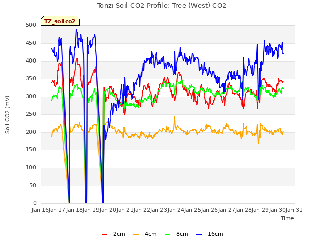 plot of Tonzi Soil CO2 Profile: Tree (West) CO2