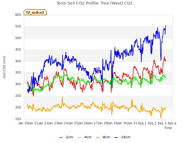 plot of Tonzi Soil CO2 Profile: Tree (West) CO2