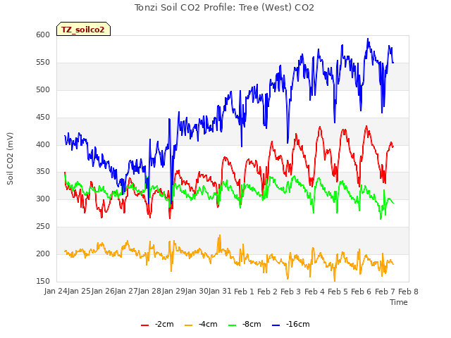 plot of Tonzi Soil CO2 Profile: Tree (West) CO2